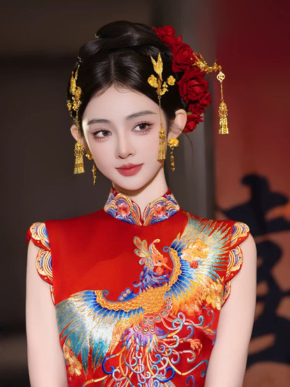 Phoenix Bloom - Chinese Bridal Hair Accessories Set Luxury Gold Dragon Phoenix Tassel Hairpins for Xiuhe and Qun Kwa Wedding Dress