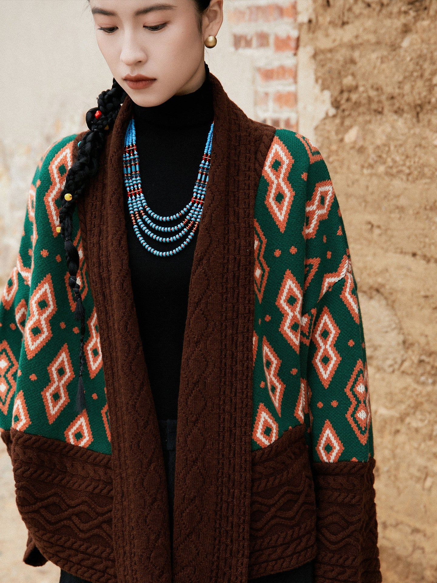 New Chinese Style Contrast Color Sweater Jacket - Pine 松棠