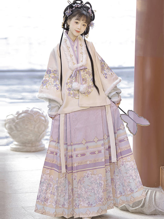 Ming Dynasty Embroidered Cross Collar Jacket & Printed Mamian Skirt | Purple Softness 紫暖暖