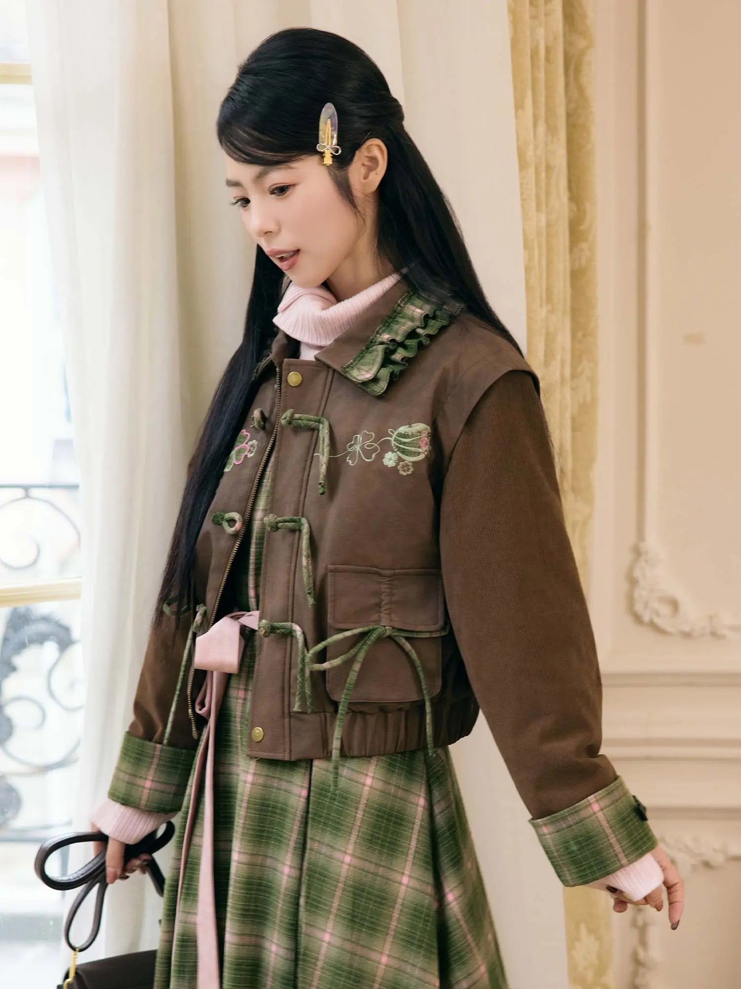 New Chinese Style Plaid Vintage Jacket with Dress - Honey Four Leaf Clover 蜂蜜四叶草