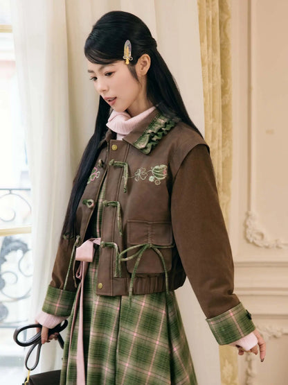 New Chinese Style Plaid Vintage Jacket with Dress - Honey Four Leaf Clover 蜂蜜四叶草