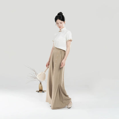 New Chinese Style Women Short Sleeve Top and Wide Leg Pants Modern Hanfu Set - Pinewood 松香木 (Preorder)