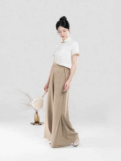 New Chinese Style Women Short Sleeve Top and Wide Leg Pants Modern Hanfu Set - Pinewood 松香木 (Preorder)