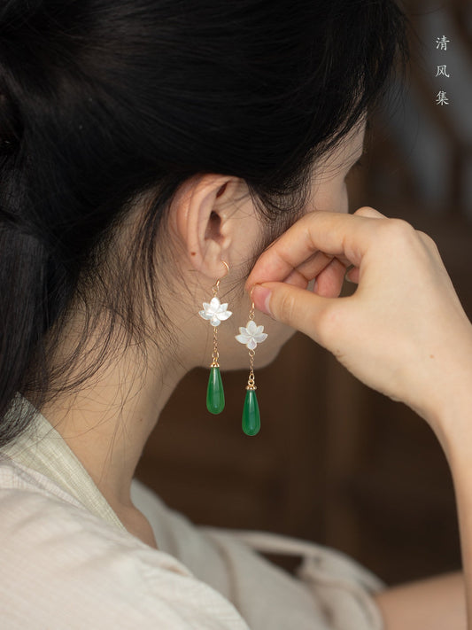 Classic Jade Lotus Earrings | Hanfu Jewelry