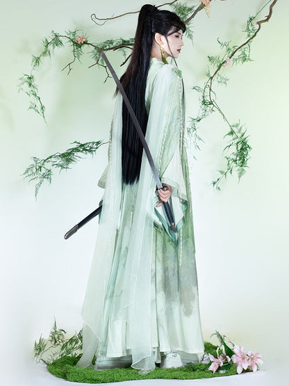 Fuyun 扶筠 - Round-Collar Embroidered Green Wide-Sleeve Xianxia Hanfu Set (Preorder)