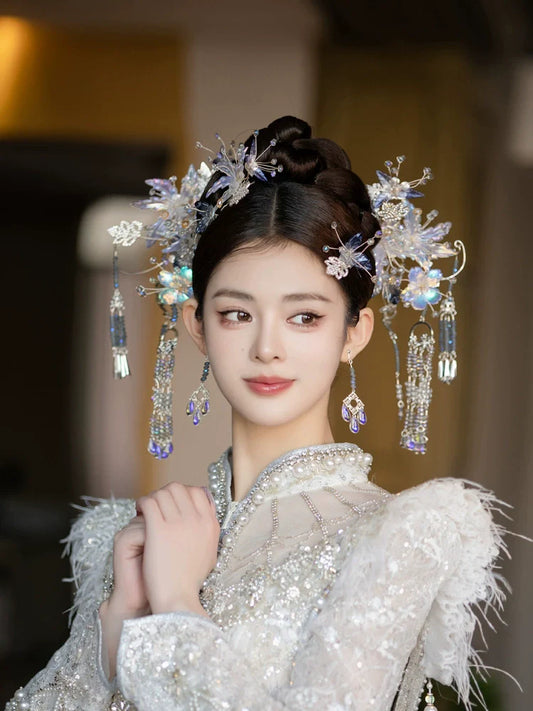 Winter Moonlit Blue Veil floral bridal hair accessory - detail view
