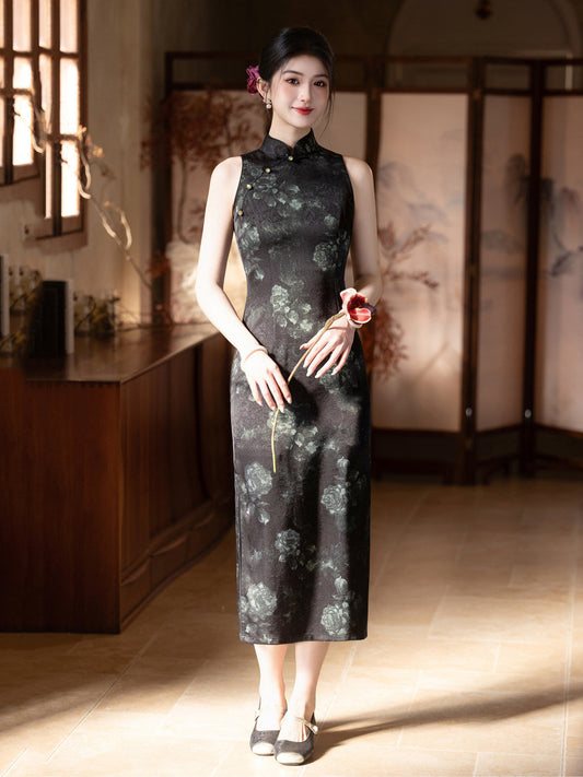 Sleeveless Floral Midi Cheongsam | Night Flowers