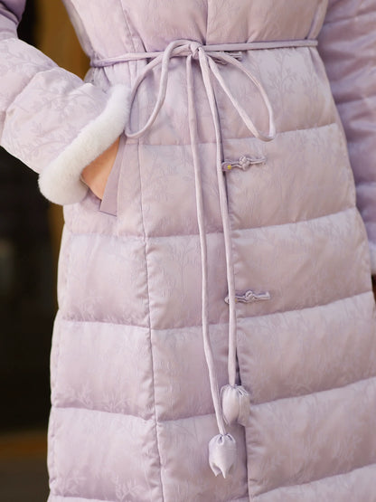 Pavilion Ink 兰亭墨 - Lilac Down Coat for Women with Frog Buttons, Qipao-Inspired Winter Outerwear