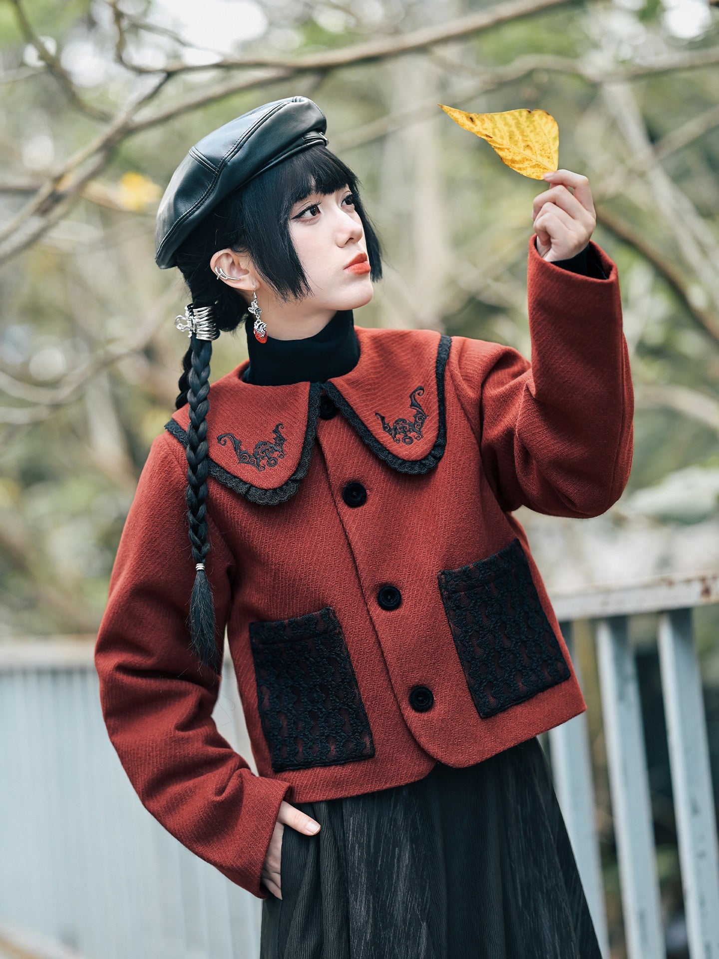 New Chinese Style Red and Black Doll Collar Short Jacket - Lucky Bat 福蝠