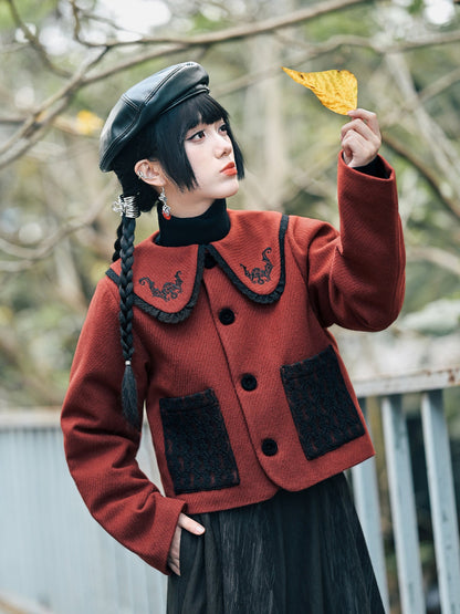 New Chinese Style Red and Black Doll Collar Short Jacket - Lucky Bat 福蝠