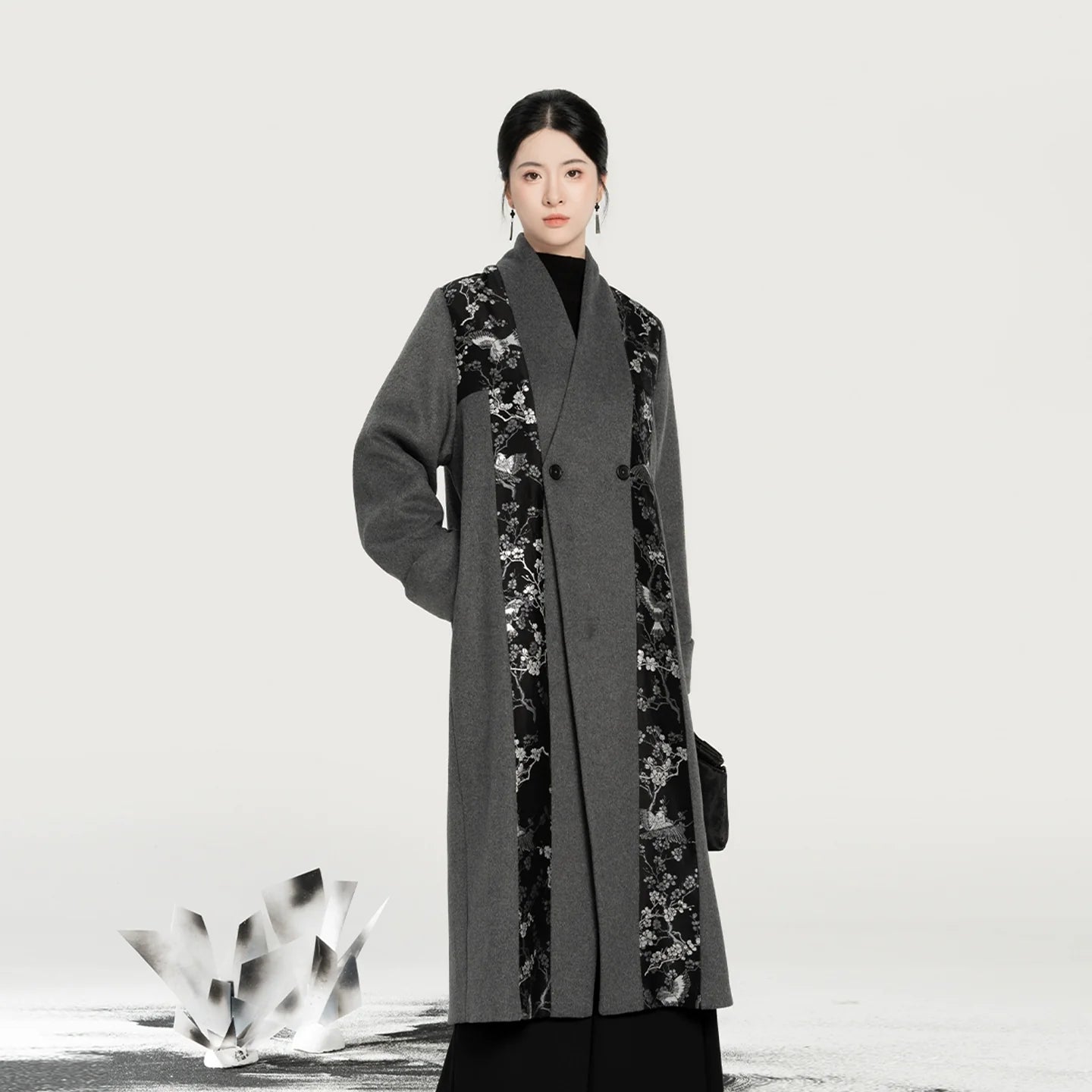 New Chinese Style Wool Coat Magpie & Plum Blossom Silver Woven Overcoat - Hanzhi 寒至 (Preorder)