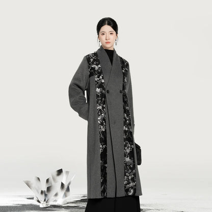 New Chinese Style Wool Coat Magpie & Plum Blossom Silver Woven Overcoat - Hanzhi 寒至 (Preorder)