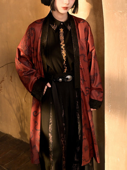 New Chinese Style Black and Red Print Antique Long Coat - Five Poisons 五毒