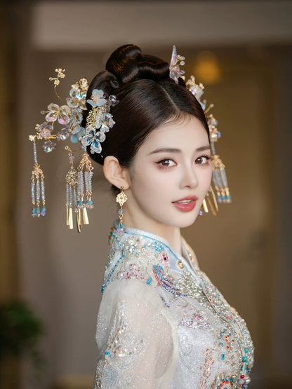 Frosted Orchid Glow - Blue Butterfly Bridal Hairpin Glass Flower Tassel Chinese Wedding Hair Accessories for Xiuhe Dress