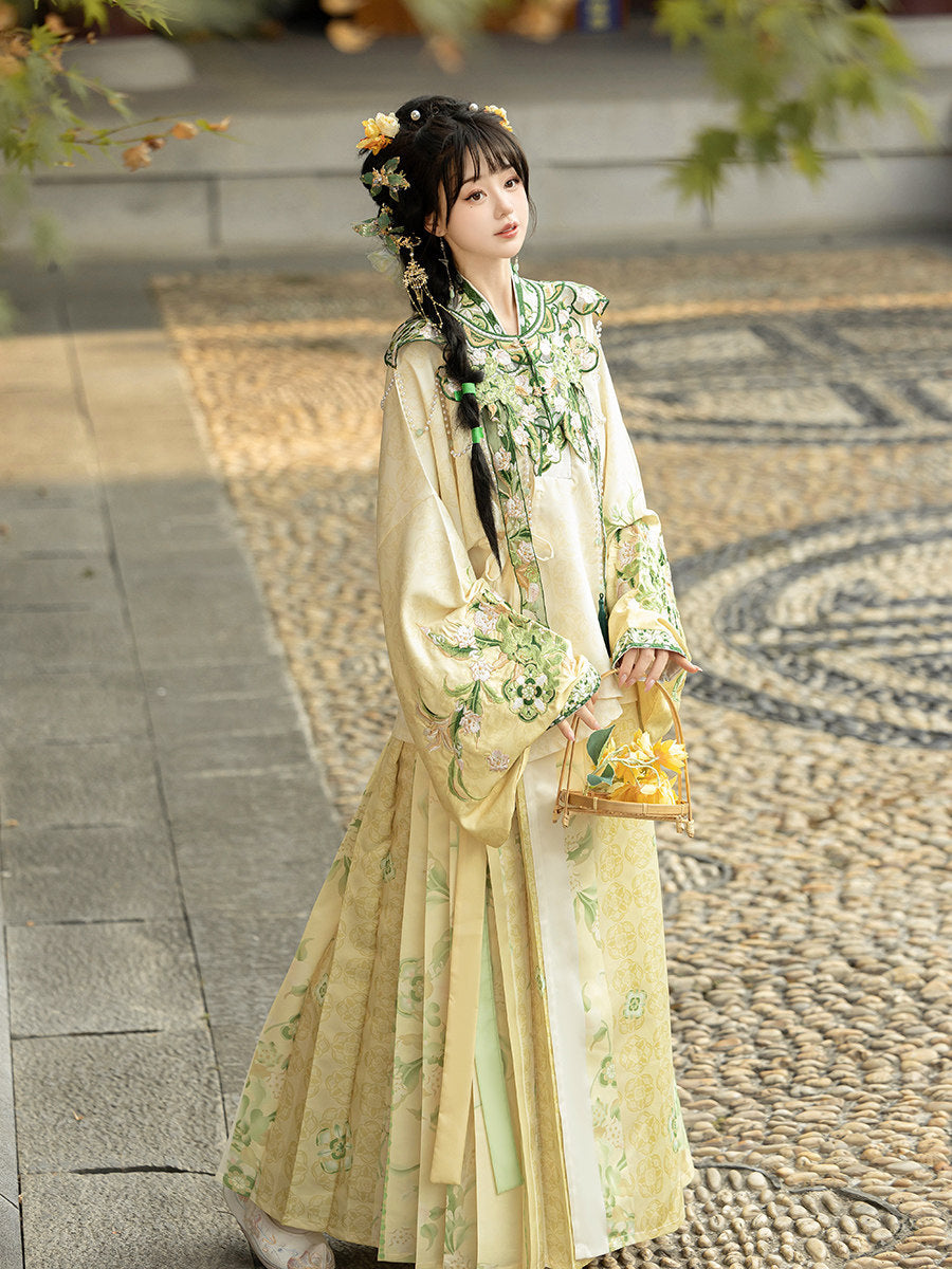 Ming Dynasty Hanfu Set with Cloud Collar & Mamian Skirt in Yellow | Qian 青桃祈安
