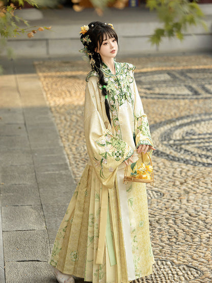 Ming Dynasty Hanfu Set with Cloud Collar & Mamian Skirt in Yellow | Qian 青桃祈安