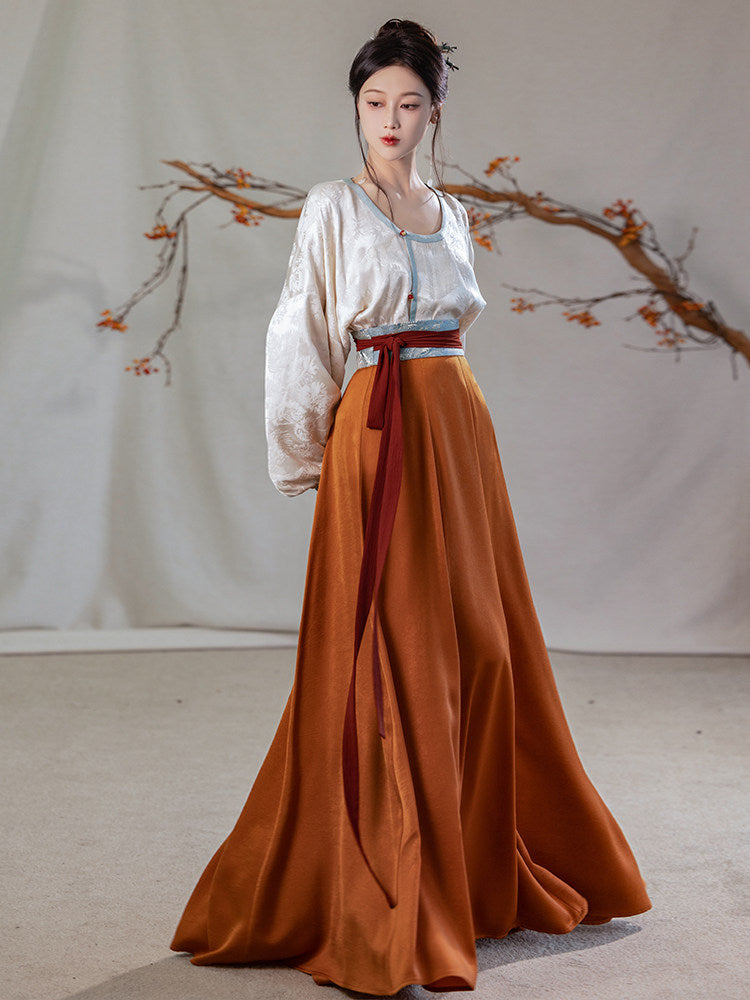 Tang Dynasty Modern Hanfu Round Collar Top and Pleated Wrap Skirt - Crimson Banquet 惊鸿宴 (Preorder)