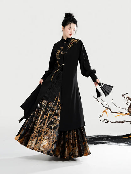 Chinese Blouse & Mamian Skirt Outfit | Golden Bamboo Ink 金墨竹
