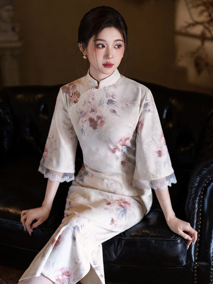 Mid Sleeve Floral Relaxed Cut Cheongsam | Pearl Pavilion