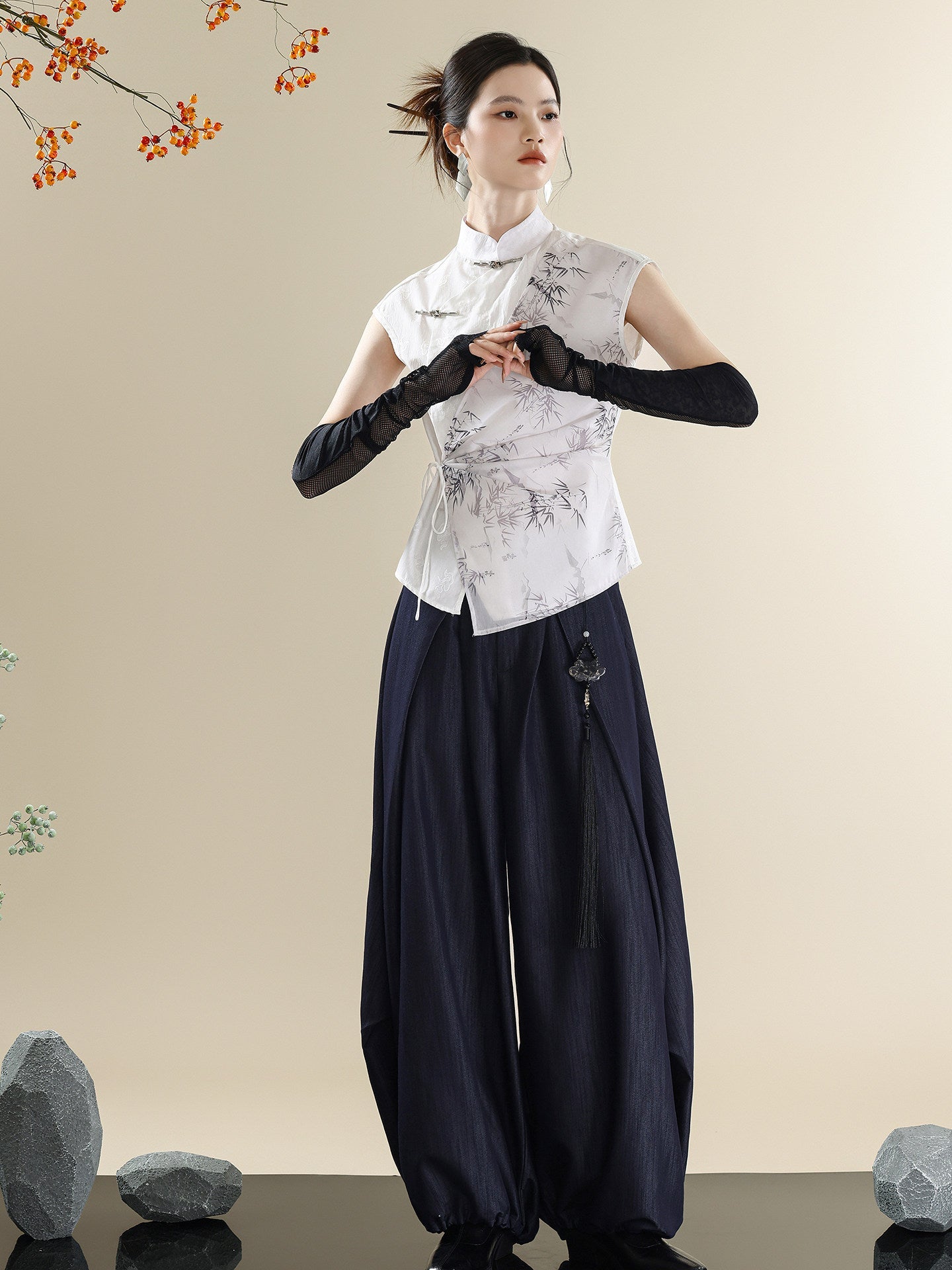 New Chinese Style Asymmetric Mandarin Collar Top & Denim Saber Pants Set
