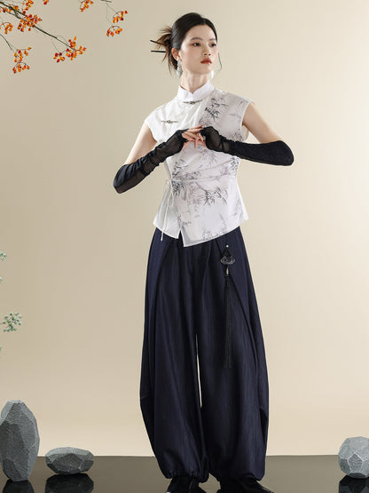New Chinese Style Asymmetric Mandarin Collar Top & Denim Saber Pants Set