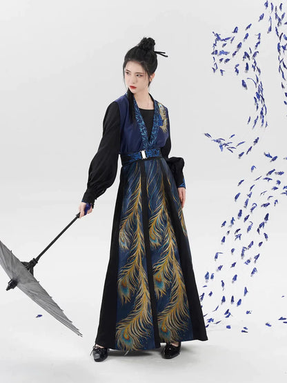 Tang Dynasty Modern Hanfu Set with Beizi Overlay & Flowing Eight-Panel Skirt - Yinzhu 飒翎银竹 (Preorder)