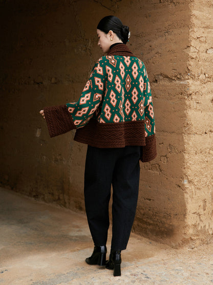 New Chinese Style Contrast Color Sweater Jacket - Pine 松棠