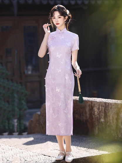 Short Sleeve Butterflies Midi Cheongsam | Lilac