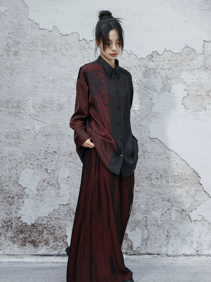 New Chinese Style Dark Satin Black and Red Chrysanthemum Printed Long Sleeve Top - Nine Autumn Guest 九秋客