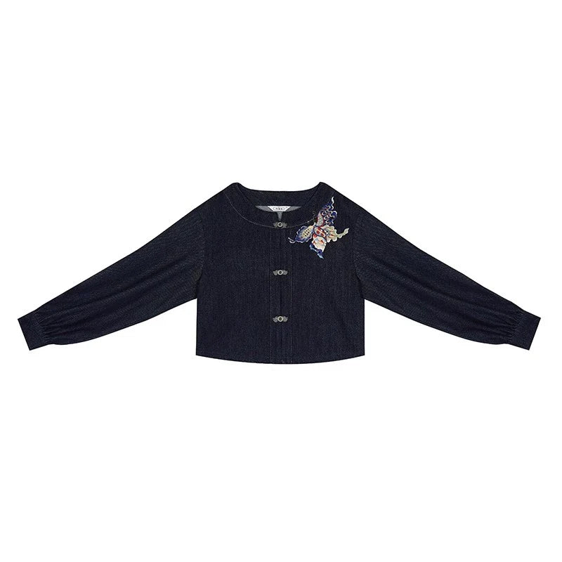 Tang Dynasty Modern Denim Hanfu Round Collar Jacket and Eight Panel Skirt - Canglan 苍岚 (Preorder)