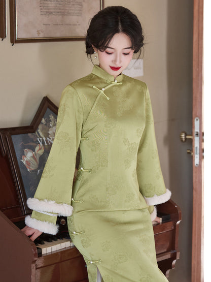 Long Sleeve Fur Trim Floral Qipao and Vest | Xinxue