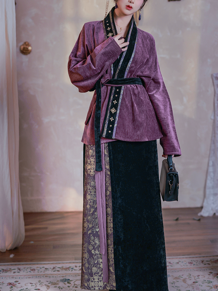 Song Dynasty Modern Hanfu Winged Sleeve Top and Spiral Skirt - Twilight Purple 暮山紫 (Preorder)