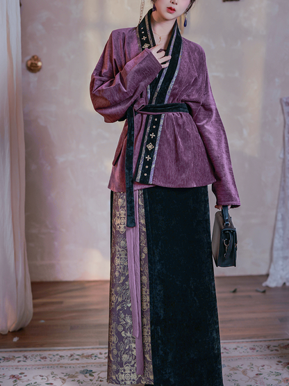 Song Dynasty Modern Hanfu Winged Sleeve Top and Spiral Skirt - Twilight Purple 暮山紫 (Preorder)