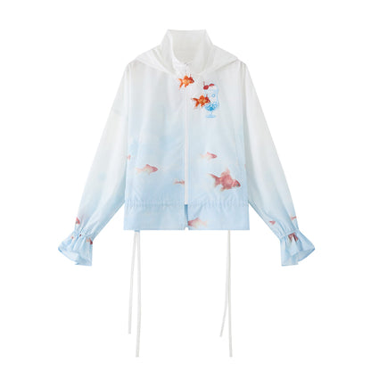Neo-Chinese Goldfish Print Hooded Sun Jacket & Wide-Leg Pants 金鱼冰沙
