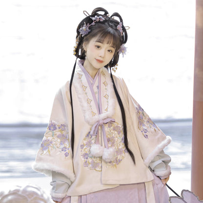 Ming Dynasty Embroidered Cross Collar Jacket & Printed Mamian Skirt | Purple Softness 紫暖暖