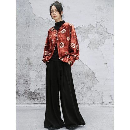 New Chinese Style Autumn Orange Red Print Loose Bat Sleeve Velvet Jacket