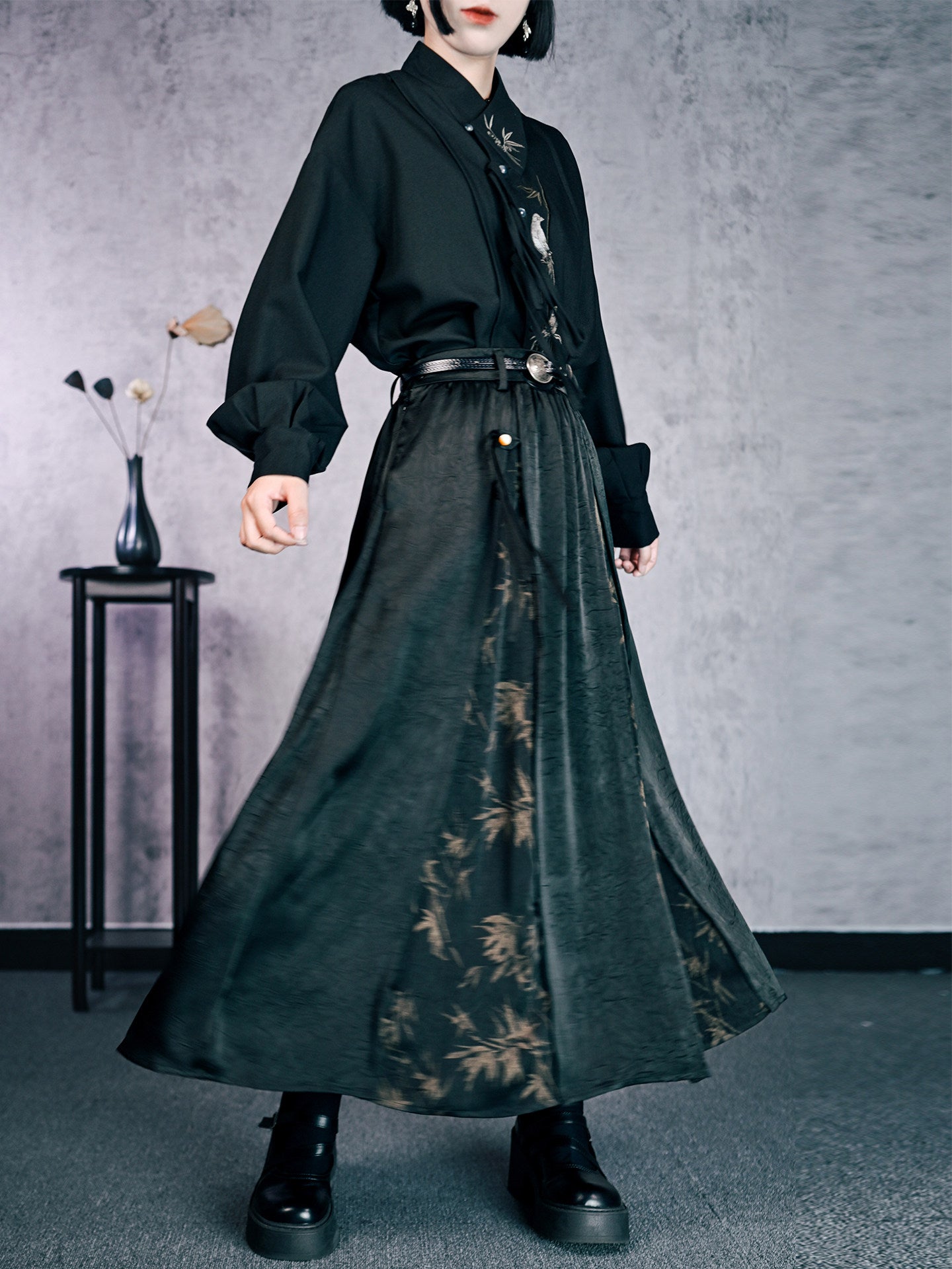 New Chinese Style High Waist Bamboo Print Skirt - Bamboo Shadow 竹影