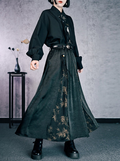 New Chinese Style High Waist Bamboo Print Skirt - Bamboo Shadow 竹影