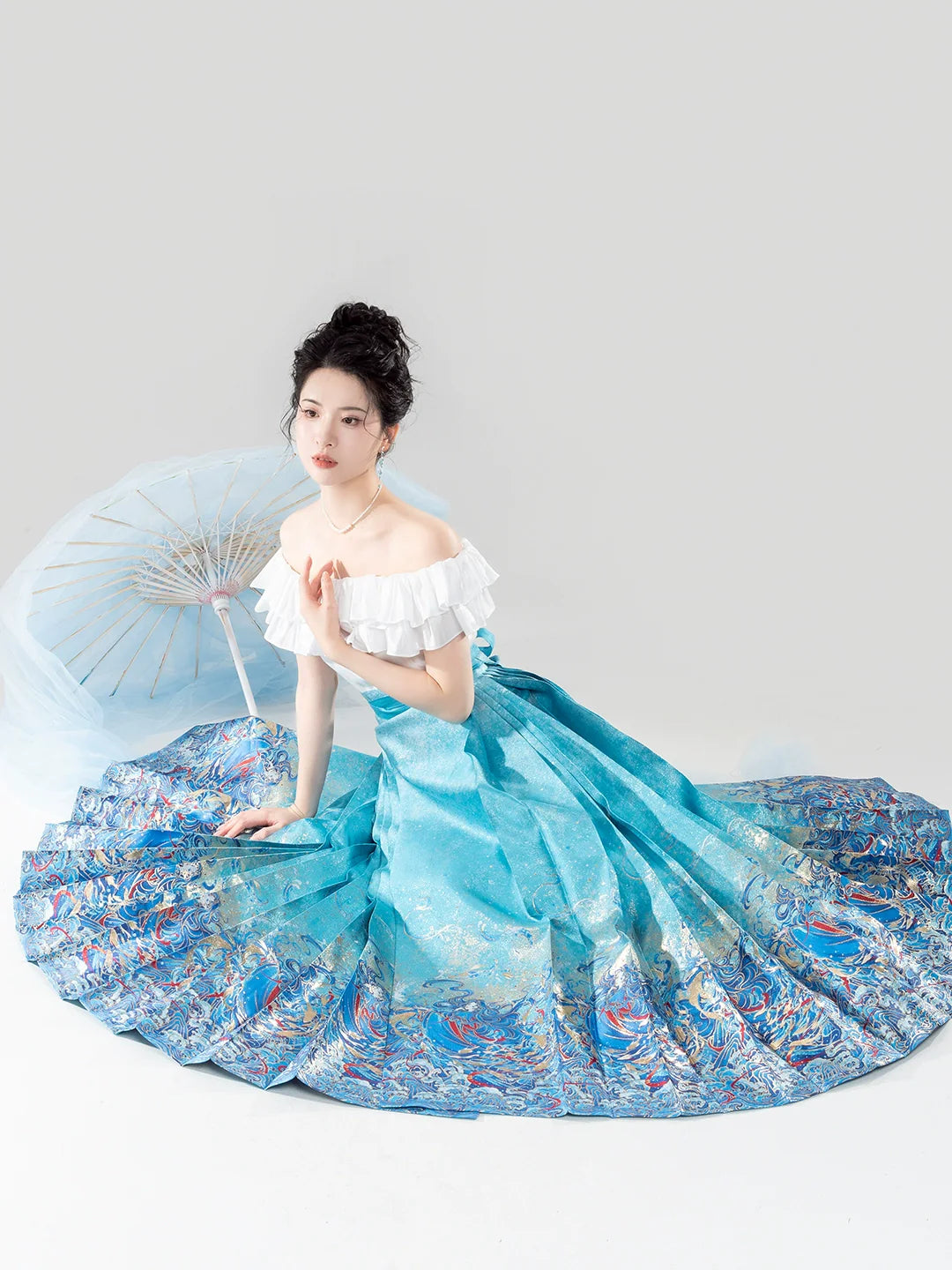 Chinese Off Shoulder Blouse & Mamian Skirt Outfit | Mermaid 五行水