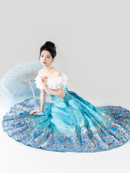 Chinese Off Shoulder Blouse & Mamian Skirt Outfit | Mermaid 五行水