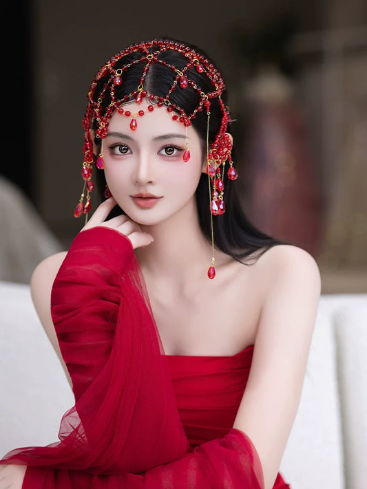 Blossoms in Red Veil - Exotic Dunhuang Bridal Hair Accessories Set Tassel Forehead Pendant Wedding Headpiece