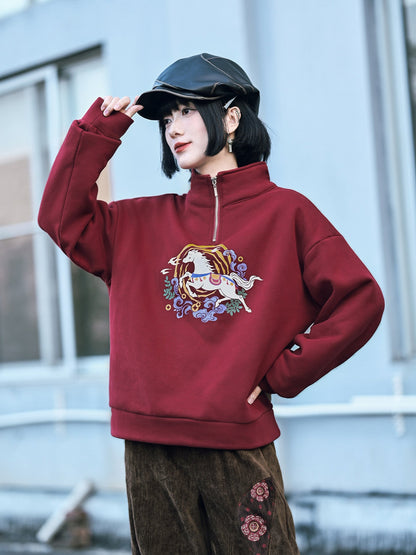 New Chinese Style Retro Red Fleece Sweatshirt - Saddle 锦鞍