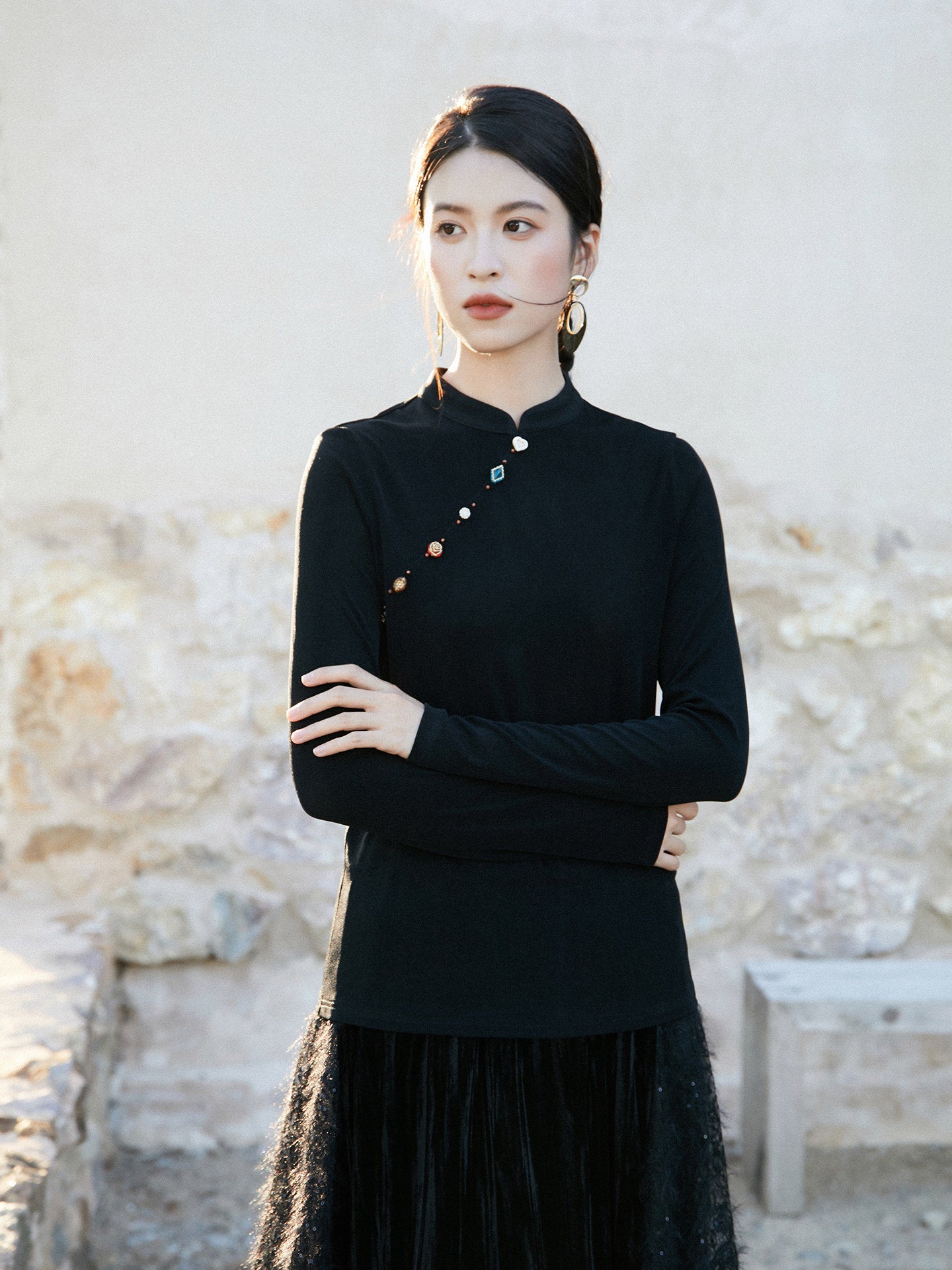 New Chinese Style Women Satin Shimmer Top - Ruoyan 若烟