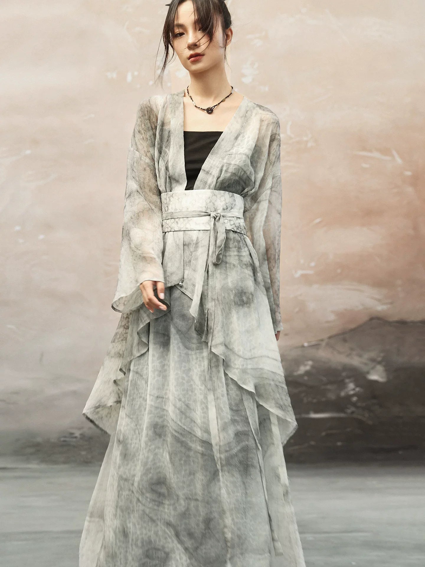 New Chinese Style Light and Breathable Graphite Texture Print Long Cardigan