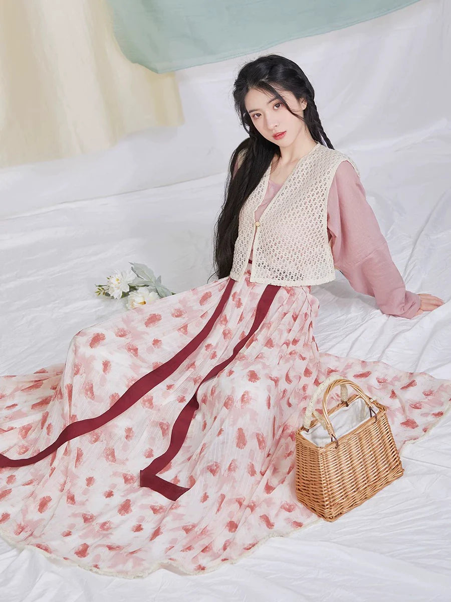 Tang Dynasty Modern Hanfu Set with Beizi Overlay & Pleated Wrap Skirt - Raspberry 树莓 (Preorder)