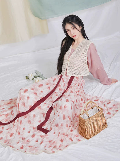 Tang Dynasty Modern Hanfu Set with Beizi Overlay & Pleated Wrap Skirt - Raspberry 树莓 (Preorder)