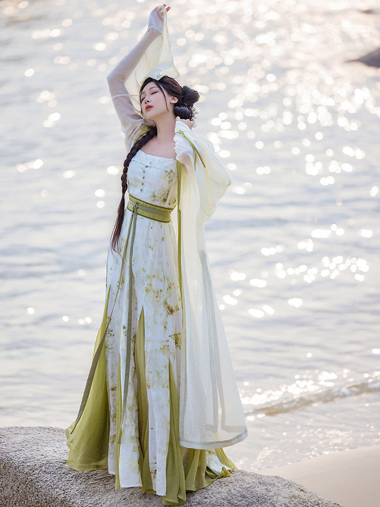 New Chinese Style Botanic Tie Dye Dress and Long Robe Hanfu Set - Qingyuan 青玉案 (Preorder)