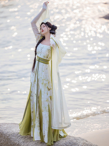 New Chinese Style Botanic Tie Dye Dress and Long Robe Hanfu Set - Qingyuan 青玉案 (Preorder)