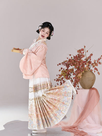 Ming Dynasty Sweet Pink Embroidered Pipa Sleeve Top & White Woven Mamianqun | Swallow Pavilion 燕云亭
