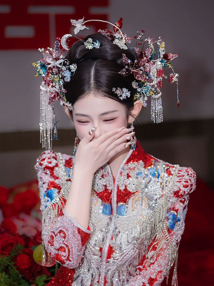 Moonlight - Silver Butterfly and Red Flower Bridal Hairpin Traditional Chinese Wedding Hair Accessories